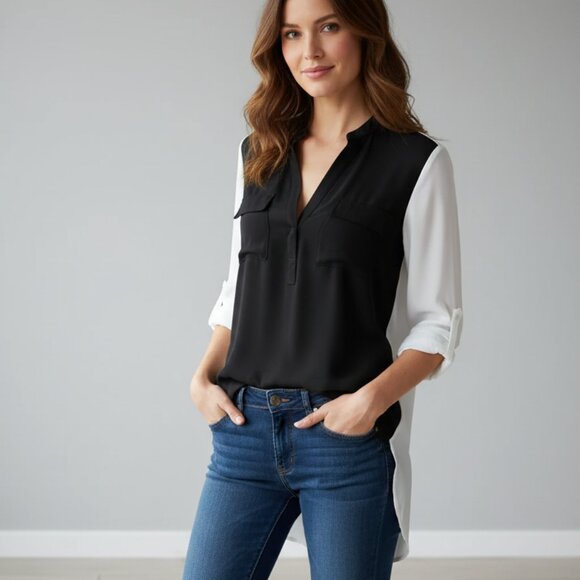 𝅺Aritzia Babaton Julien Blouse Top Henley Silk Front Rolled Sleeve Size XS - Picture 1 of 8